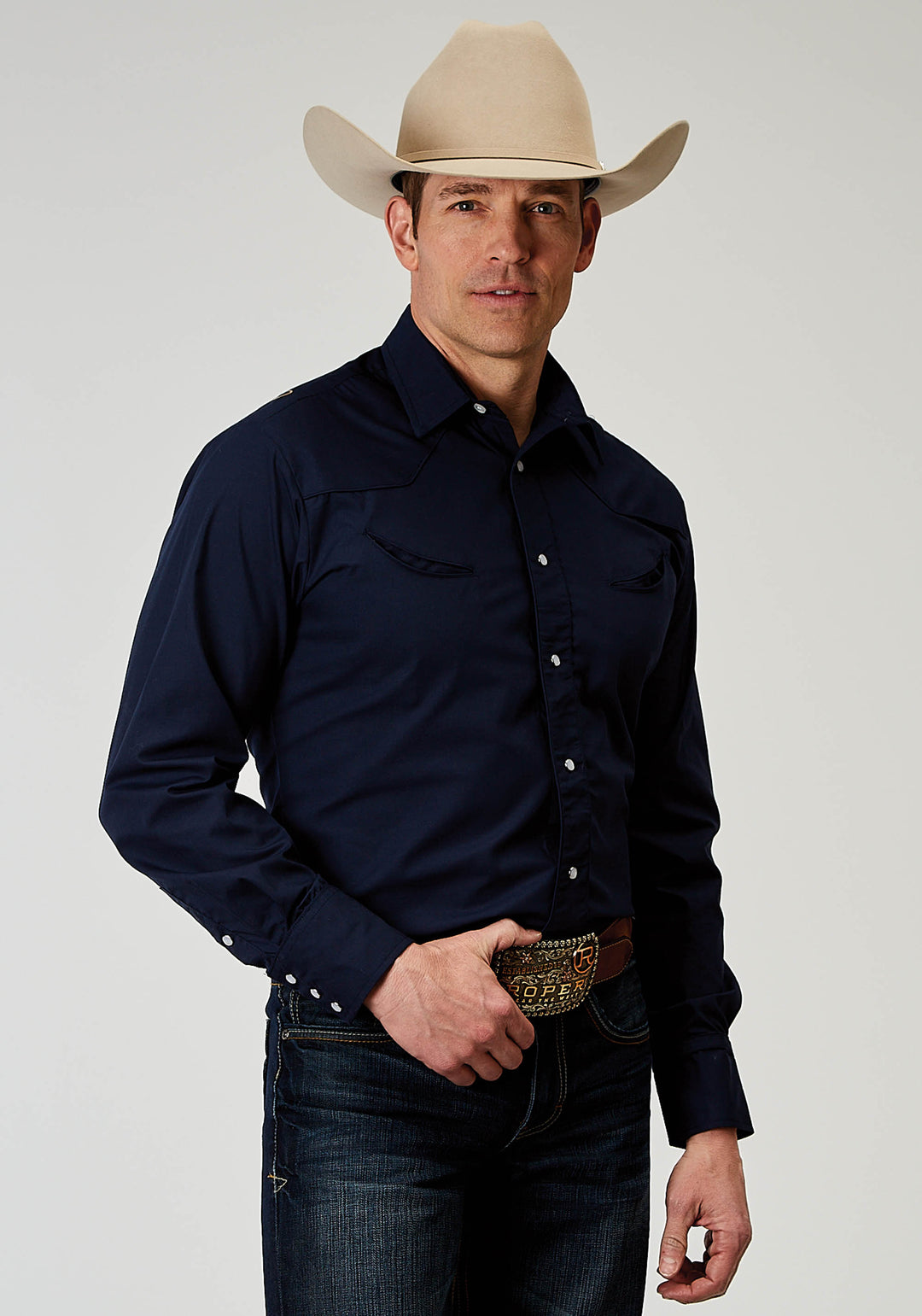 MENS LONG SLEEVE SNAP SOLID BROADCLOTH DEEP NAVY WESTERN SHIRT WITH EMBROIDERY ON BACK YOKES SMILE POCKETS