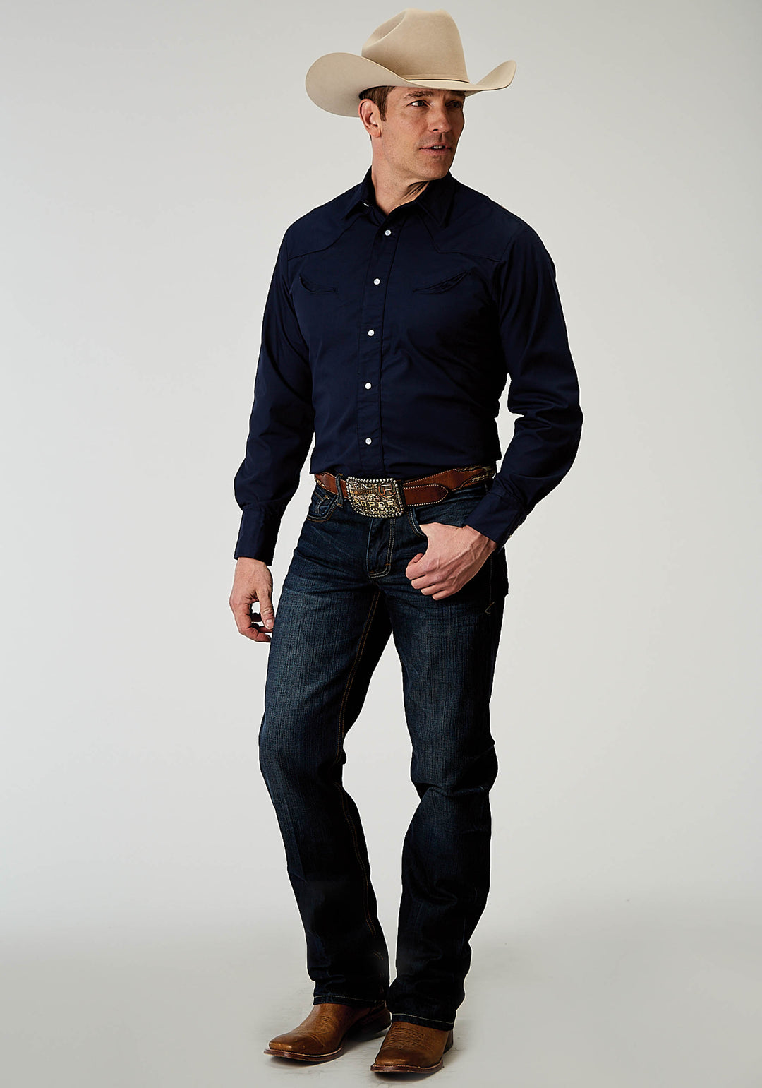 MENS LONG SLEEVE SNAP SOLID BROADCLOTH DEEP NAVY WESTERN SHIRT WITH EMBROIDERY ON BACK YOKES SMILE POCKETS