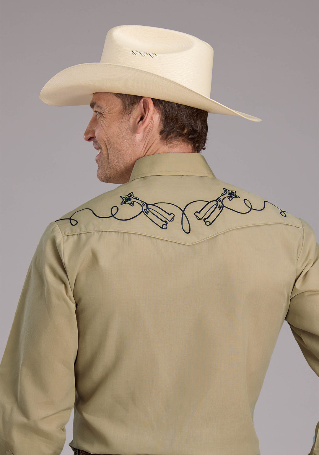MENS TAN SOLID LONG SLEEVE SNAP WESTERN SHIRT
