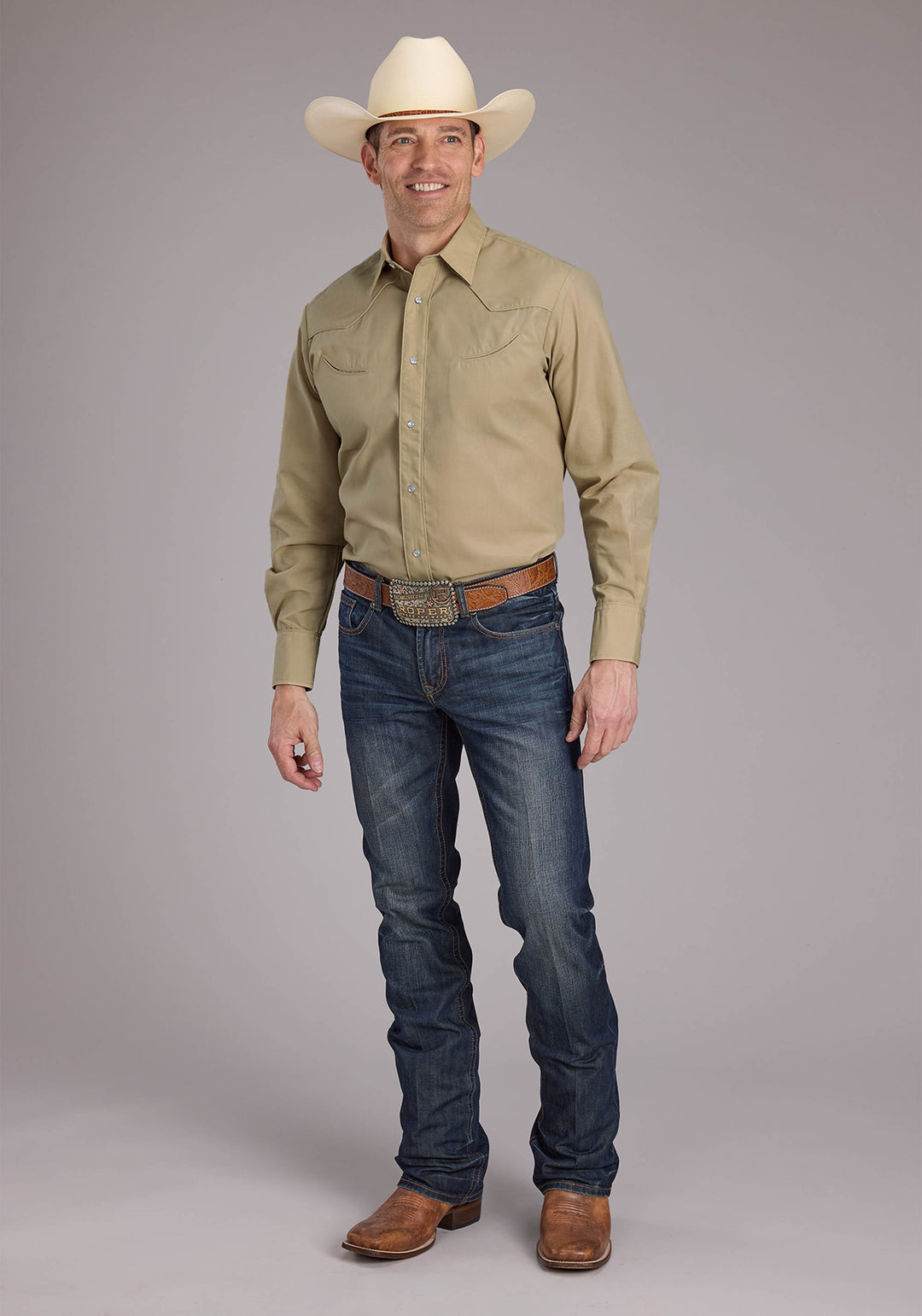 MENS TAN SOLID LONG SLEEVE SNAP WESTERN SHIRT