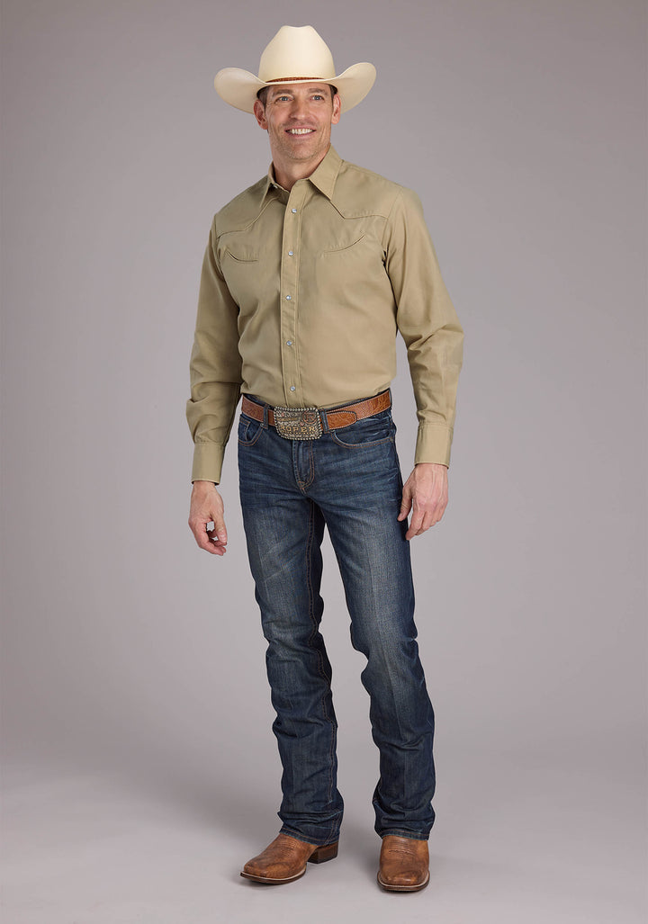 MENS TAN SOLID LONG SLEEVE SNAP WESTERN SHIRT