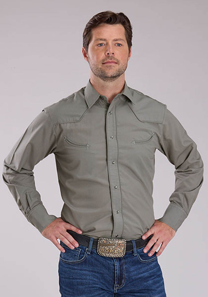 MENS LONG SLEEVE SNAP SOLID BROADCLOTH - LIGHT SMOKE GREY WESTERN SHIRT