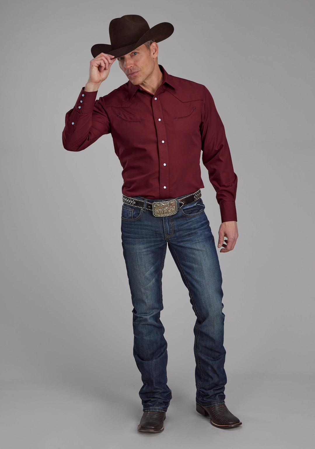 MENS SOLID WINE LONG SLEEVE SNAP WESTERN SHIRT