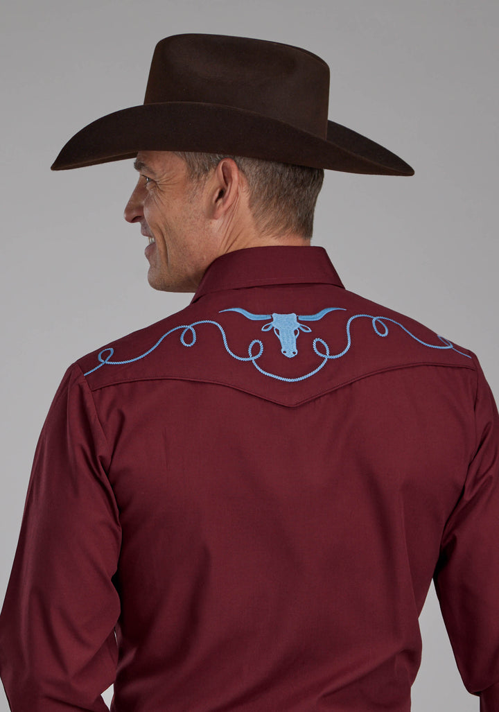 MENS SOLID WINE LONG SLEEVE SNAP WESTERN SHIRT
