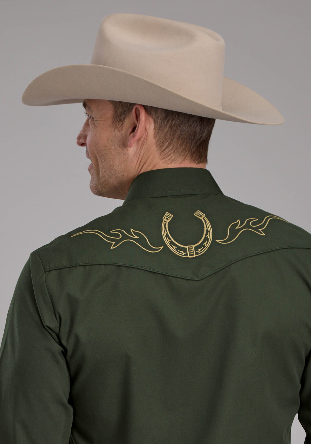 MENS SOLID DARK OLIVE LONG SLEEVE SNAP WESTERN SHIRT