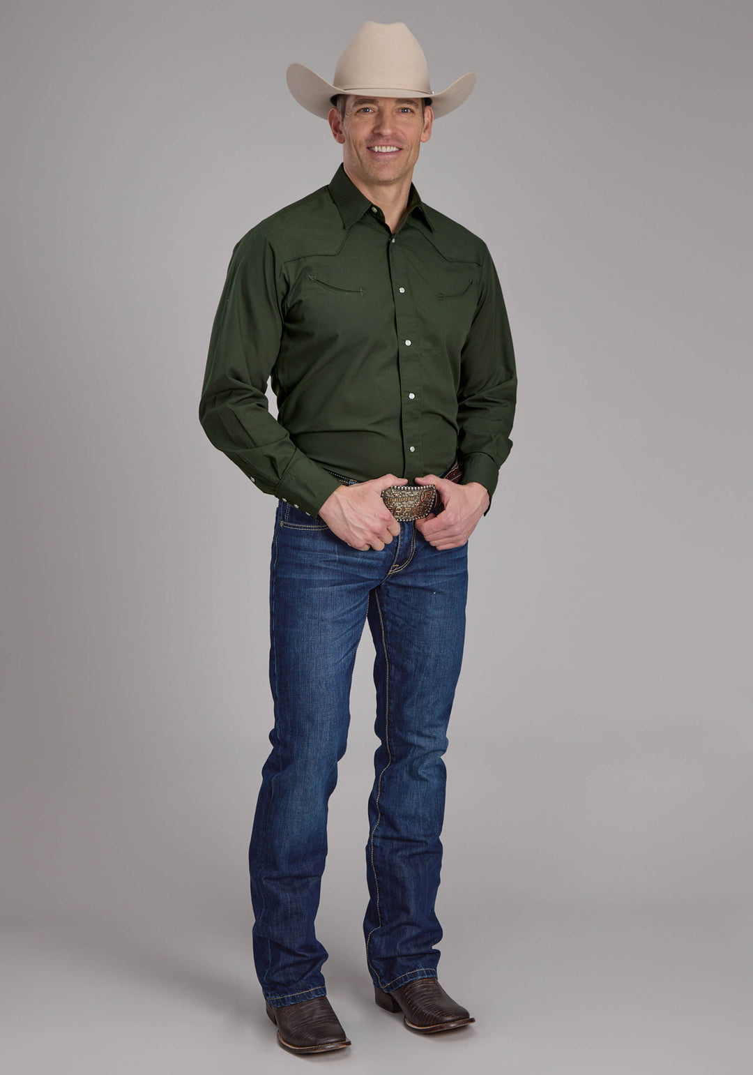 MENS SOLID DARK OLIVE LONG SLEEVE SNAP WESTERN SHIRT