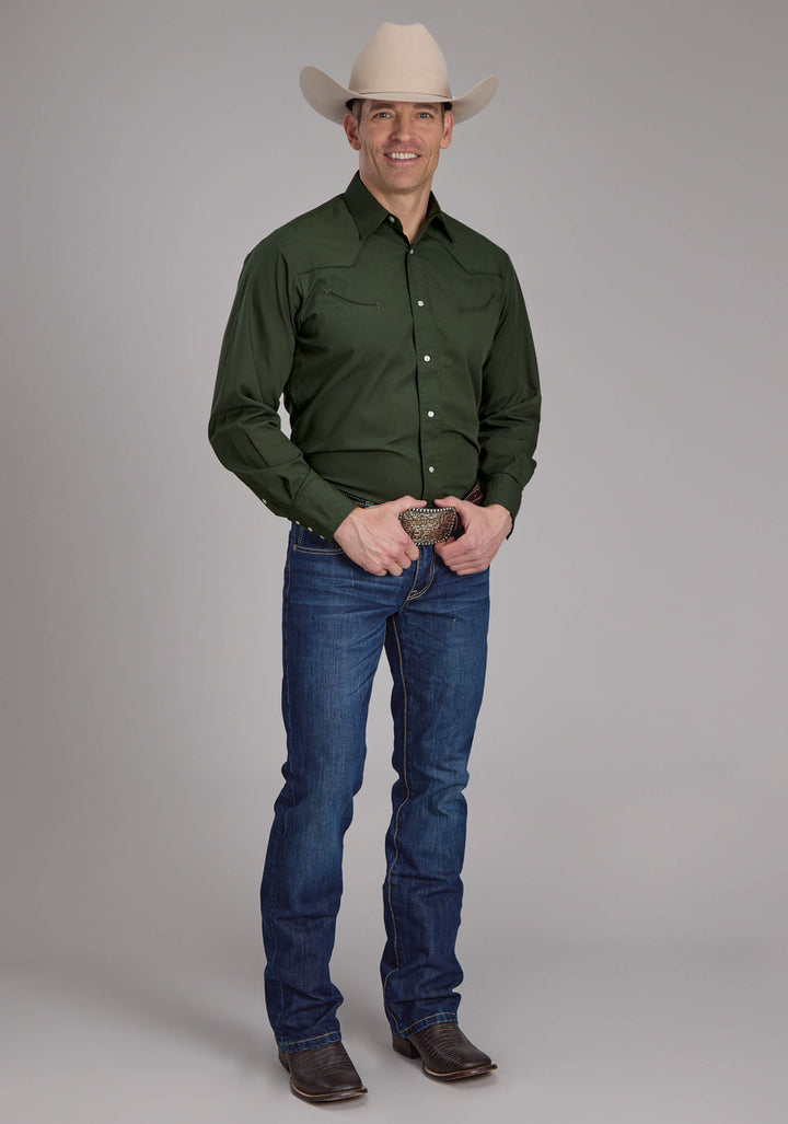 MENS SOLID DARK OLIVE LONG SLEEVE SNAP WESTERN SHIRT