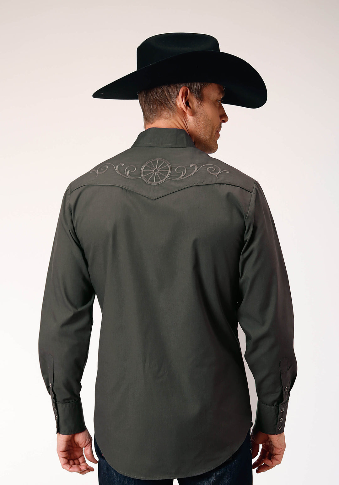 MENS LONG SLEEVE SNAP DARK CHARCOAL GREY BROADCLOTH WESTERN SHIRT WITH SELF PIPING AND EMBROIDERY ON YOKES
