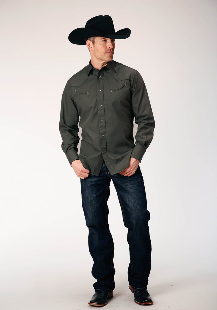 MENS LONG SLEEVE SNAP DARK CHARCOAL GREY BROADCLOTH WESTERN SHIRT WITH SELF PIPING AND EMBROIDERY ON YOKES