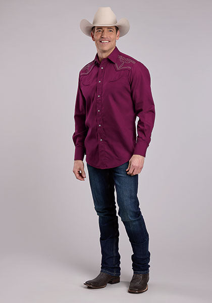 Mens Long Sleeve Snap Solid Broadcloth - Wine Western Shirt