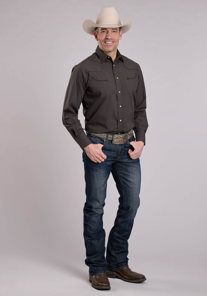 MENS LONG SLEEVE SNAP CHOCOLATE SOLID POPLIN WESTERN SHIRT