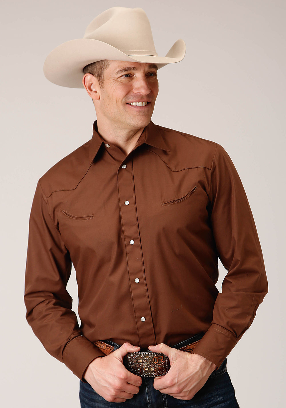 MENS LONG SLEEVE SNAP SOLID WARM BROWM BROADCLOTH WESTERN SHIRT