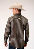 MENS LONG SLEEVE SNAP CHOCOLATE STRIPE WESTERN SHIRT WITH SELF PIPING AND EMBROIDERY ON YOKES