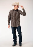 MENS LONG SLEEVE SNAP CHOCOLATE STRIPE WESTERN SHIRT WITH SELF PIPING AND EMBROIDERY ON YOKES