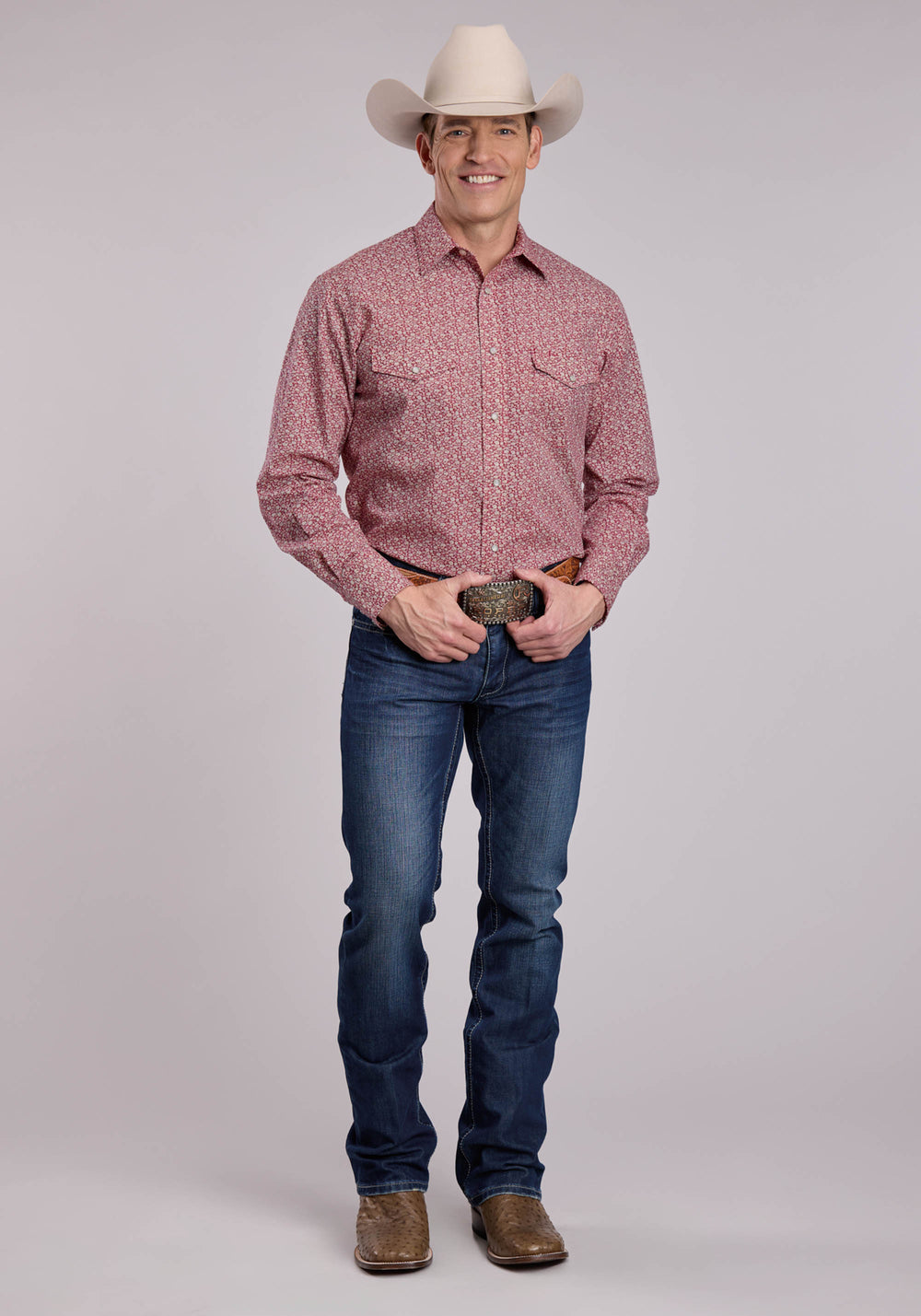 MENS ROPER RED FLORAL PRINT LONG SLEEVE SNAP SHIRT