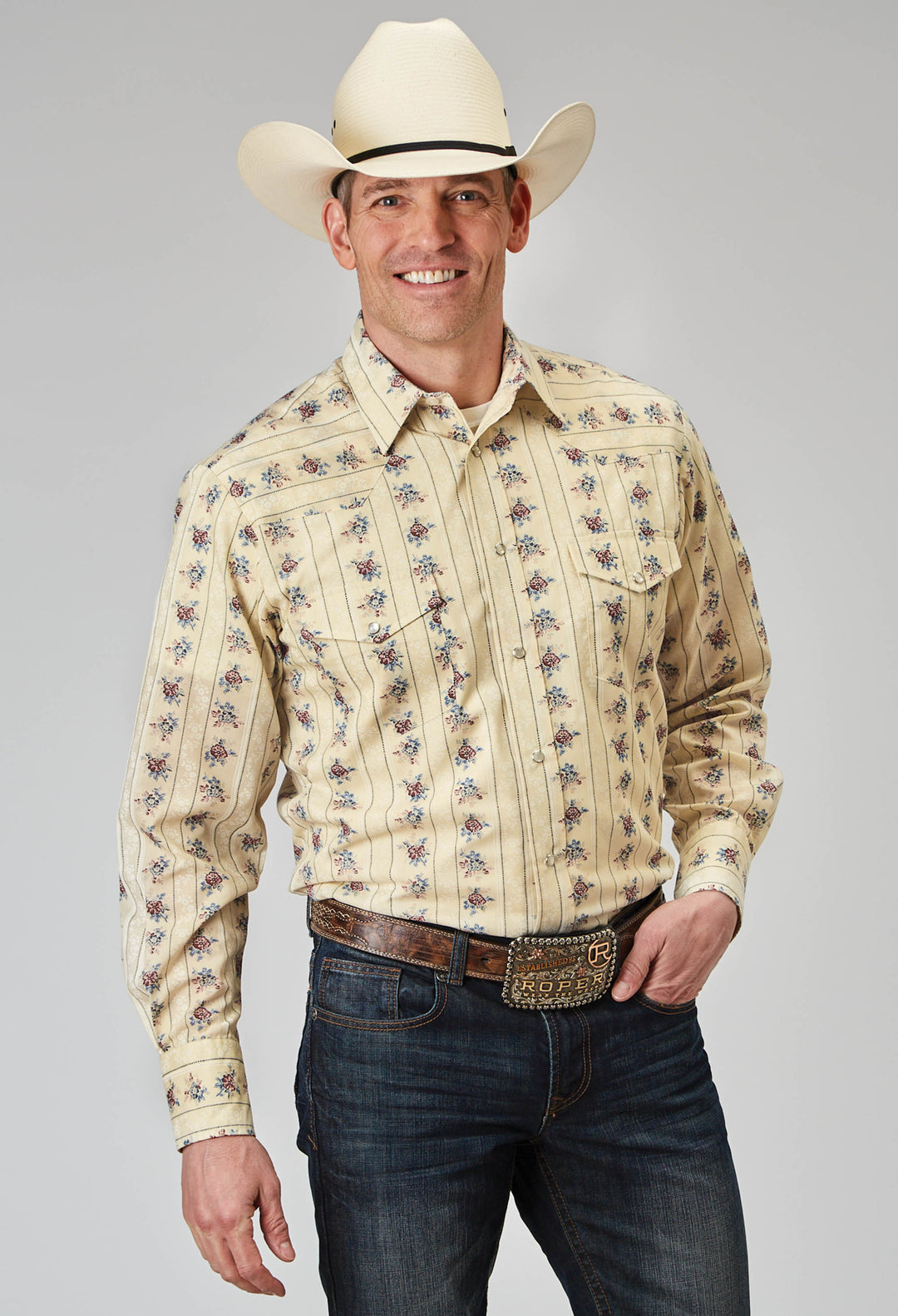 MENS LONG SLEEVE SNAP FLORAL STRIPE WESTERN SHIRT