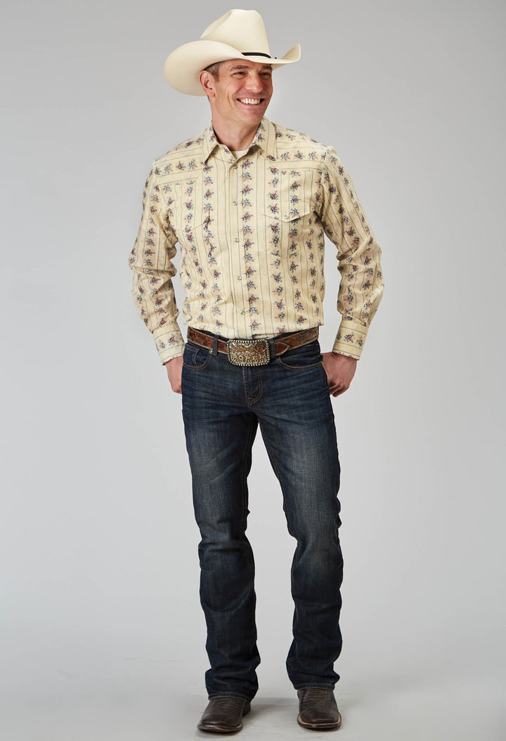 MENS LONG SLEEVE SNAP FLORAL STRIPE WESTERN SHIRT