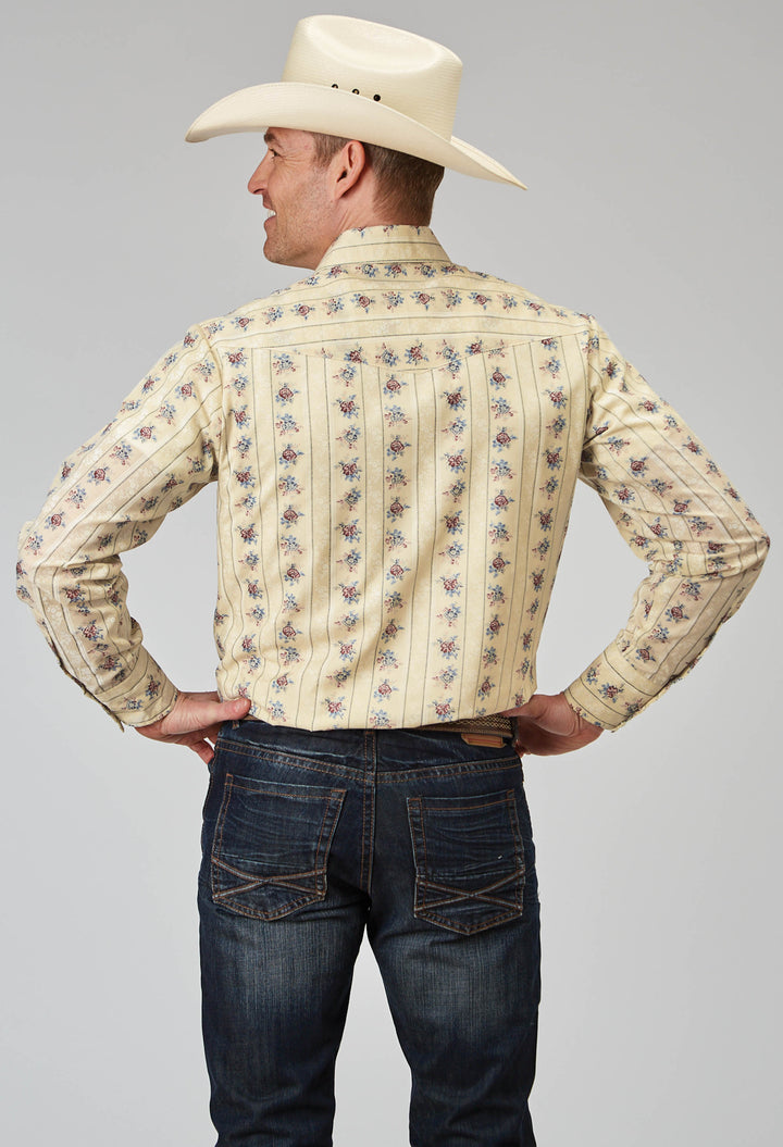 MENS LONG SLEEVE SNAP FLORAL STRIPE WESTERN SHIRT