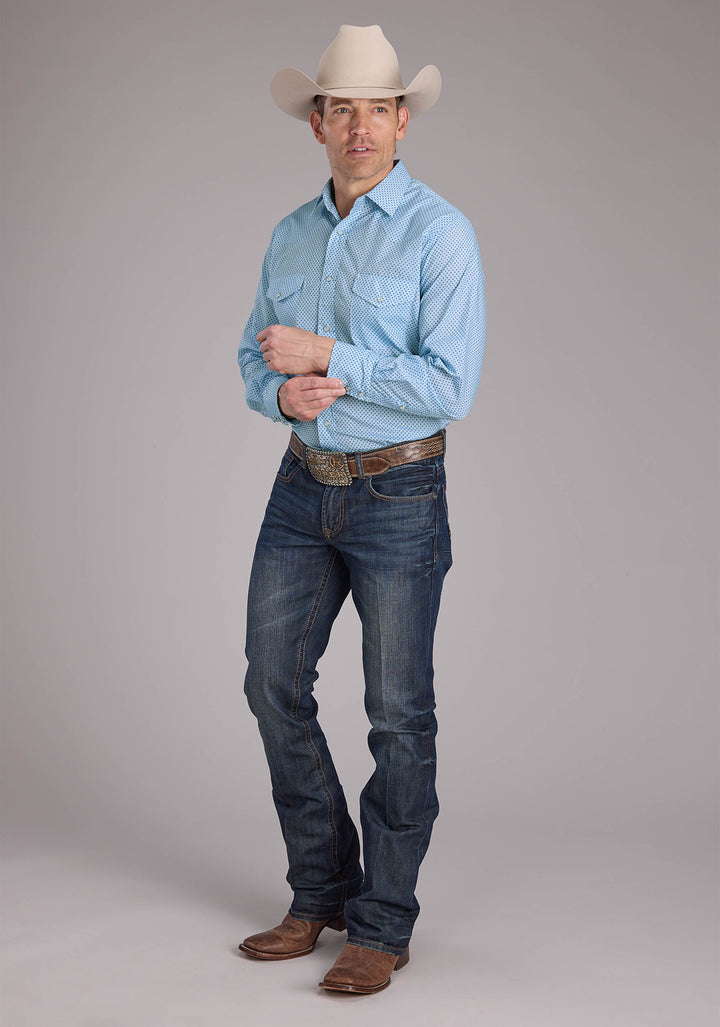 MENS BLUE MINI CROSS PRINT LONG SLEEVE SNAP WESTERN SHIRT