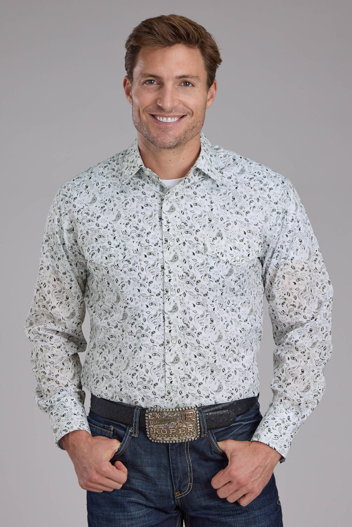 MENS WHITE AND BLACK PAISLEY PRINT LONG SLEEVE SNAP WESTERN SHIRT