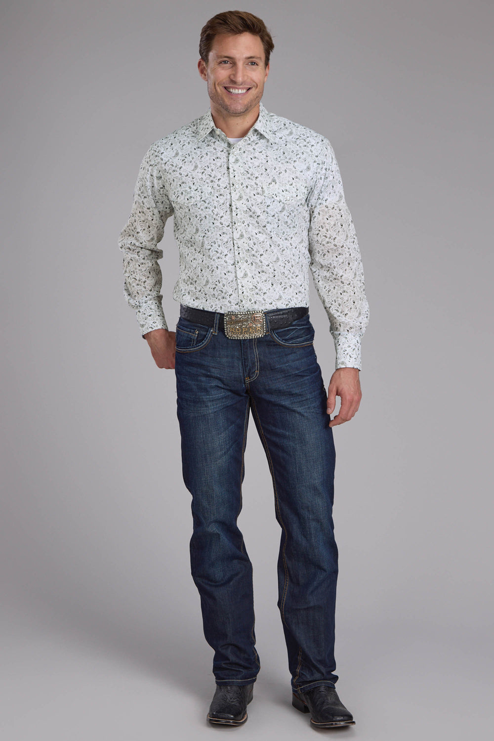MENS WHITE AND BLACK PAISLEY PRINT LONG SLEEVE SNAP WESTERN SHIRT