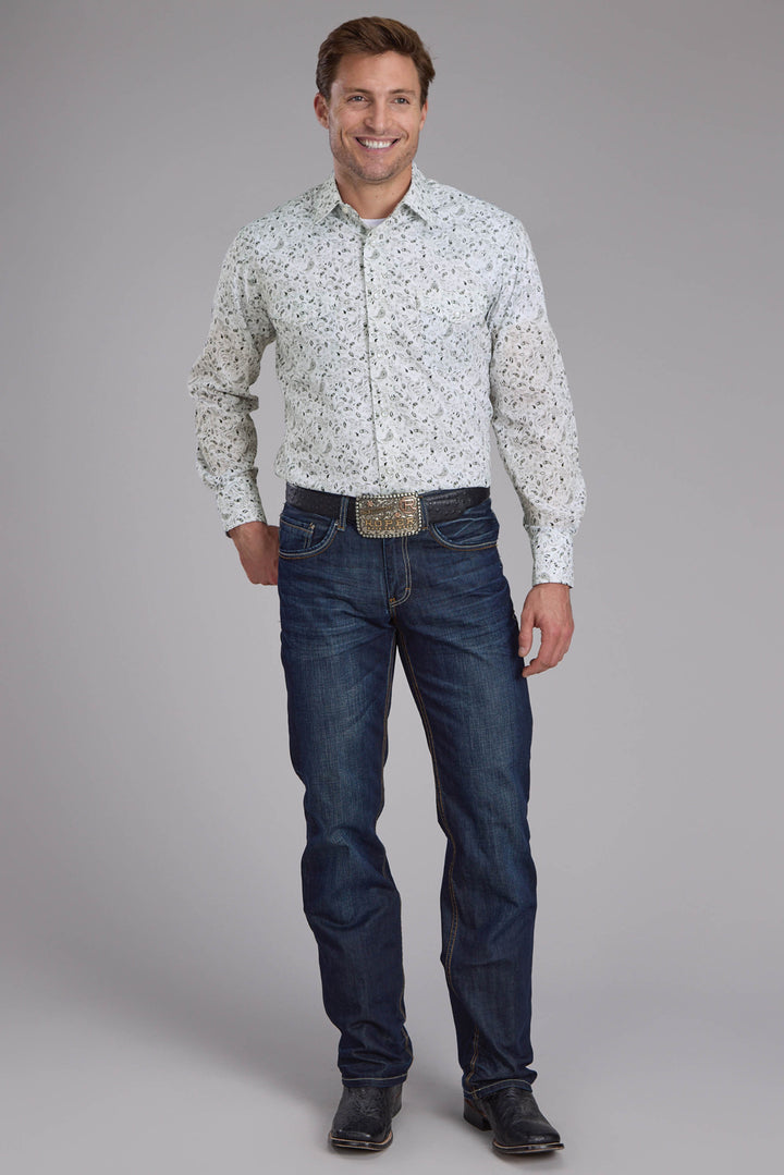 MENS WHITE AND BLACK PAISLEY PRINT LONG SLEEVE SNAP WESTERN SHIRT