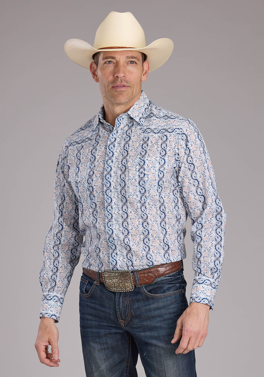 MENS PAISLEY TRELLIS PRINT LONG SLEEVE SNAP WESTERN SHIRT