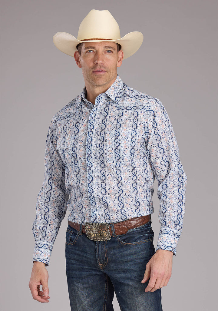 MENS PAISLEY TRELLIS PRINT LONG SLEEVE SNAP WESTERN SHIRT