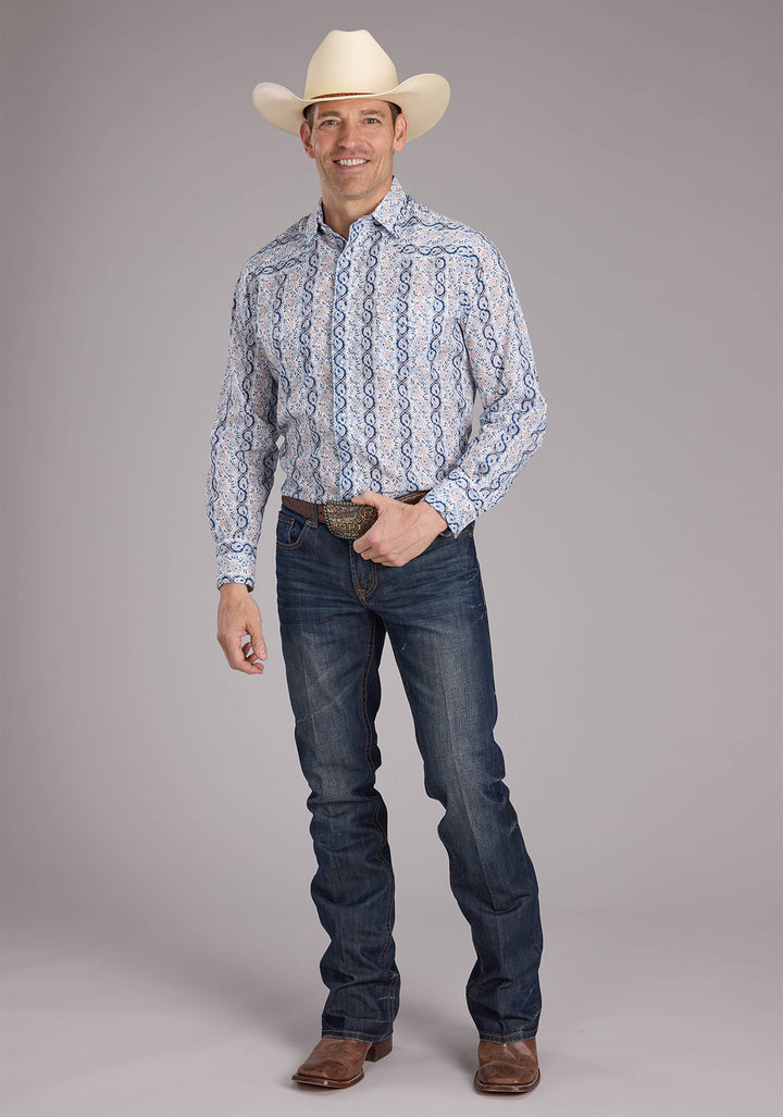 MENS PAISLEY TRELLIS PRINT LONG SLEEVE SNAP WESTERN SHIRT