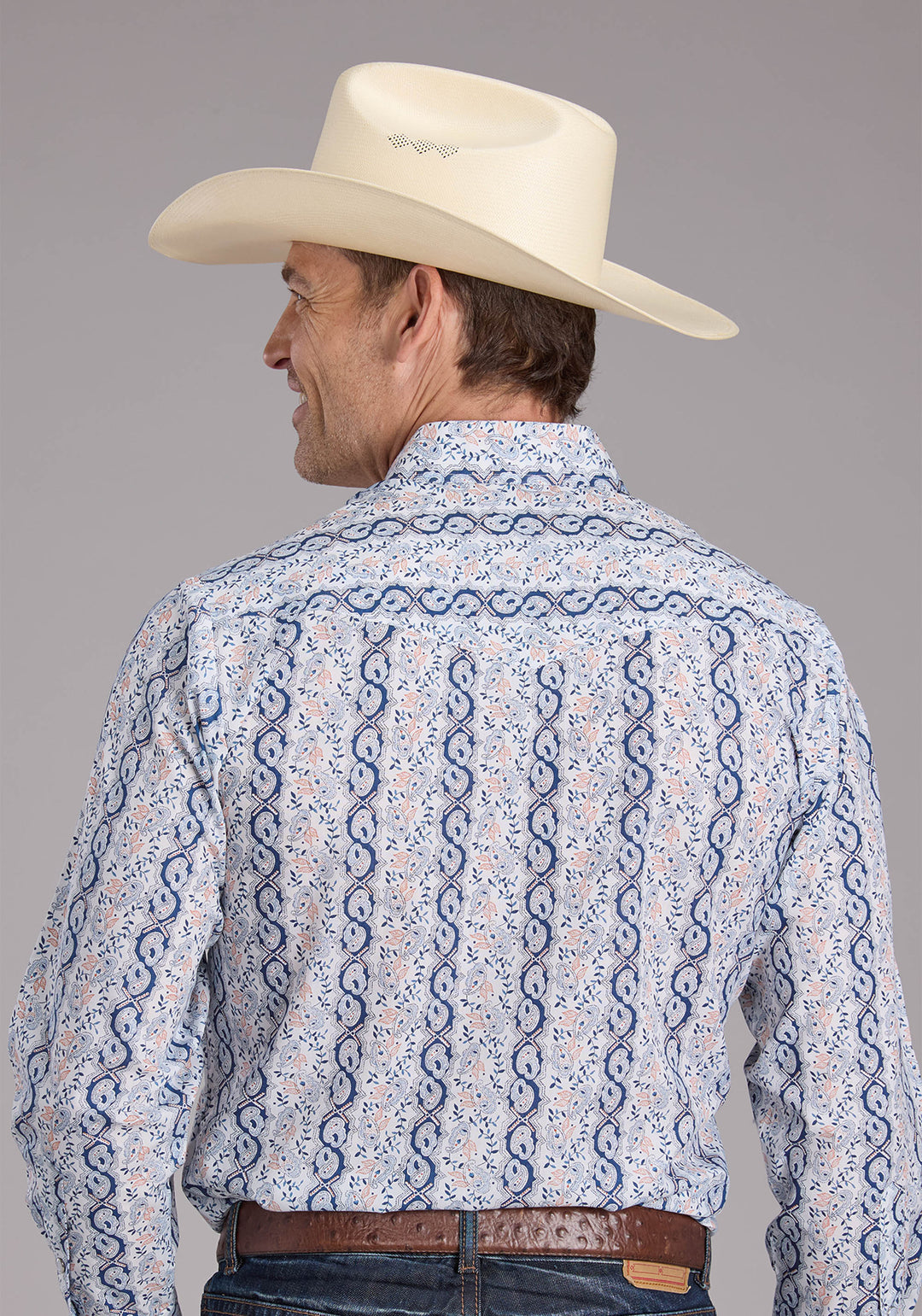 MENS PAISLEY TRELLIS PRINT LONG SLEEVE SNAP WESTERN SHIRT