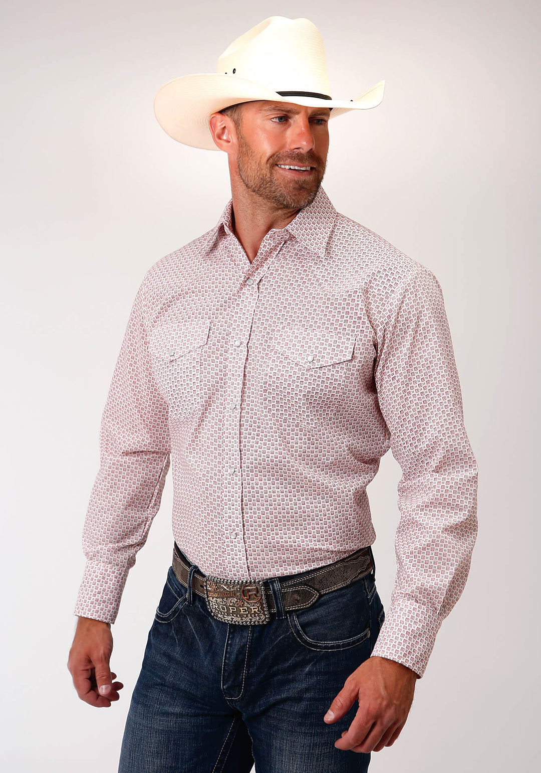 MENS WHITE MINI BLOCK PRINT LONG SLEEVE SNAP WESTERN SHIRT