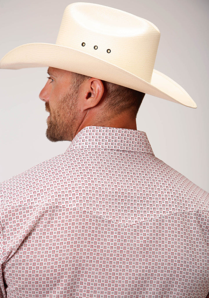 MENS WHITE MINI BLOCK PRINT LONG SLEEVE SNAP WESTERN SHIRT