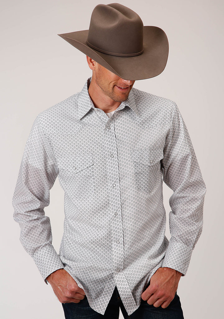 MENS LONG SLEEVE SNAP WHITE  BLACK  GREY TEARDROP PRINT WESTERN SHIRT