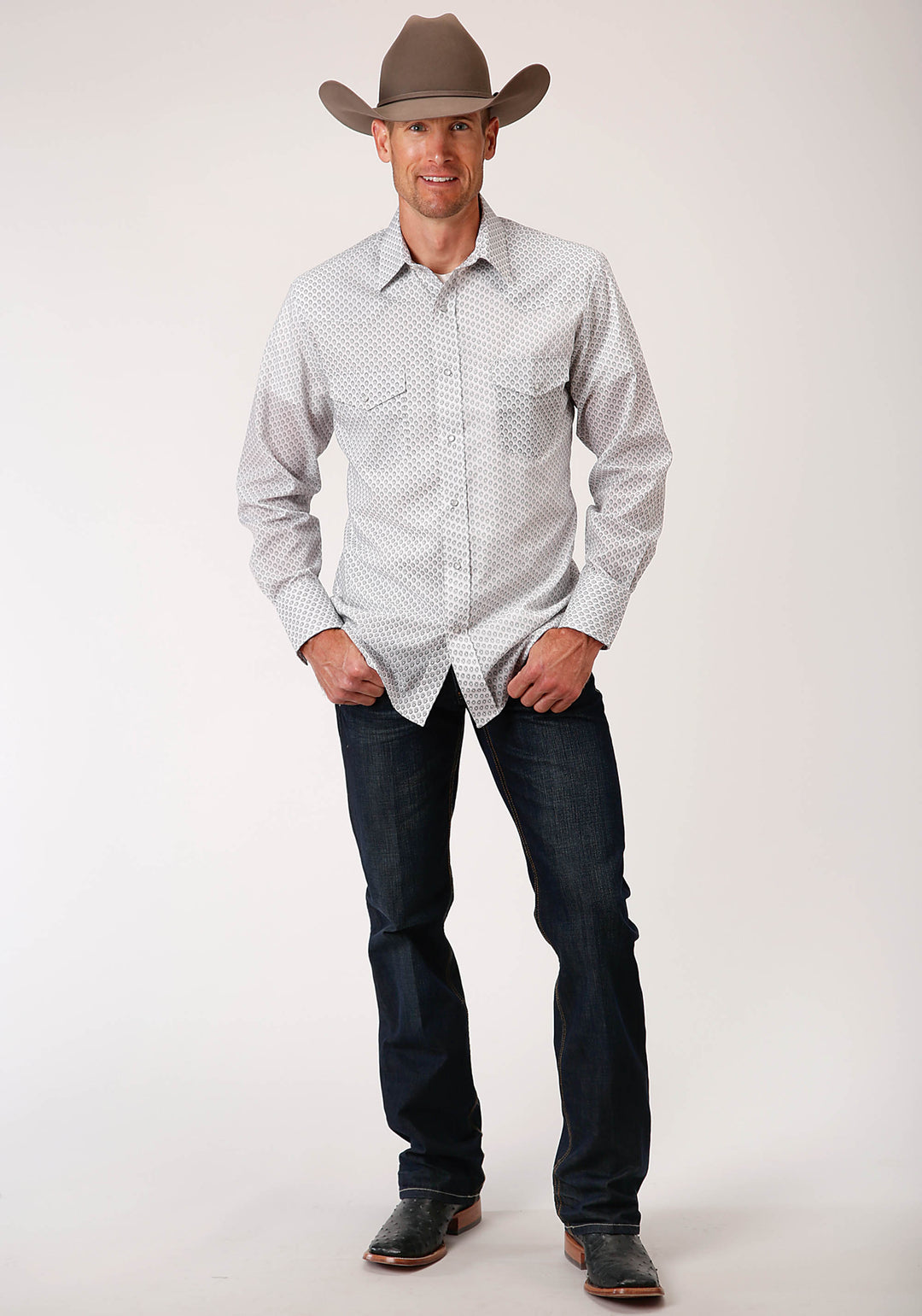 MENS LONG SLEEVE SNAP WHITE  BLACK  GREY TEARDROP PRINT WESTERN SHIRT
