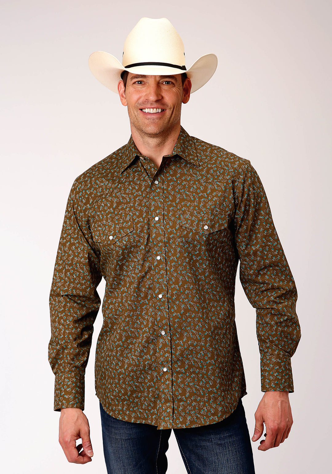 MENS LONG SLEEVE SNAP BROWN TURQUOISE AND CREAM MINI FLORAL PRINT WESTERN SHIRT