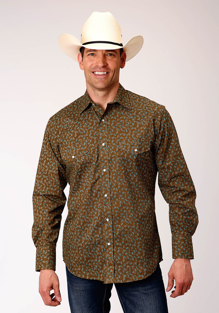 MENS LONG SLEEVE SNAP BROWN TURQUOISE AND CREAM MINI FLORAL PRINT WESTERN SHIRT