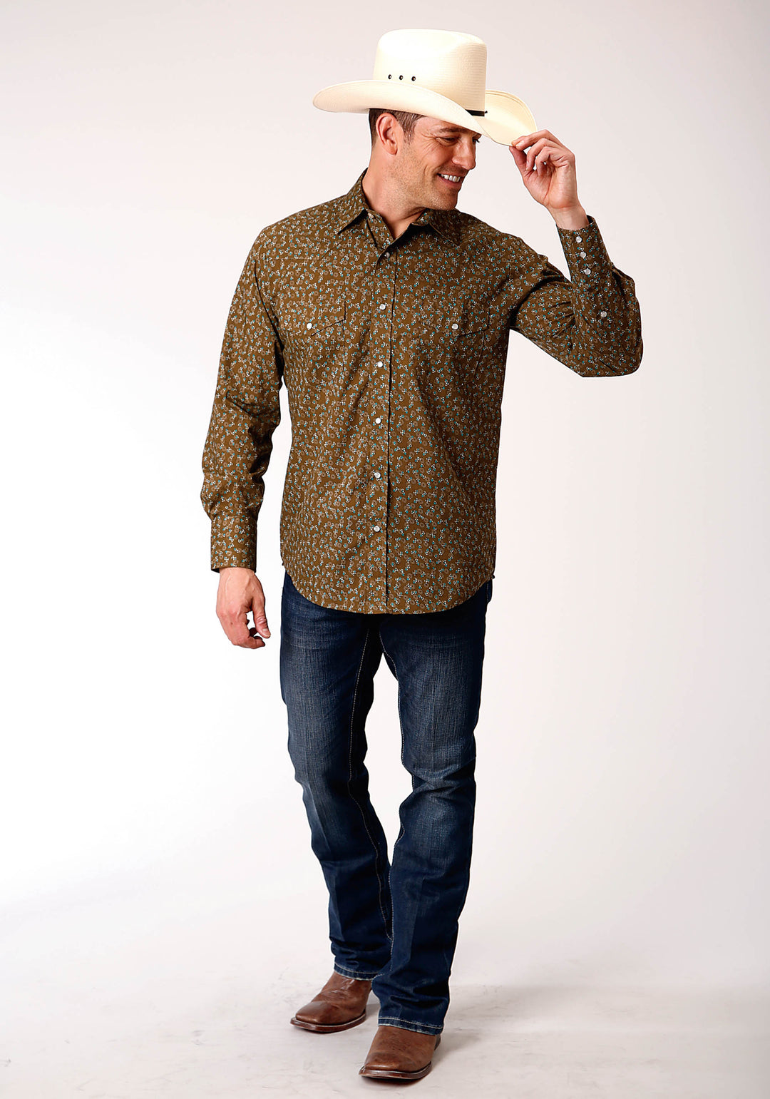MENS LONG SLEEVE SNAP BROWN TURQUOISE AND CREAM MINI FLORAL PRINT WESTERN SHIRT