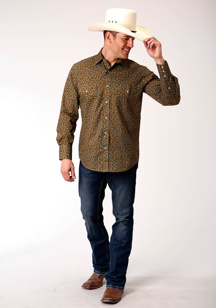 MENS LONG SLEEVE SNAP BROWN TURQUOISE AND CREAM MINI FLORAL PRINT WESTERN SHIRT