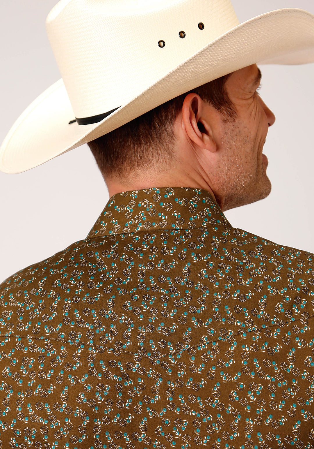 MENS LONG SLEEVE SNAP BROWN TURQUOISE AND CREAM MINI FLORAL PRINT WESTERN SHIRT