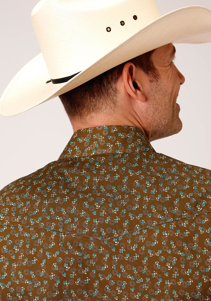 MENS LONG SLEEVE SNAP BROWN TURQUOISE AND CREAM MINI FLORAL PRINT WESTERN SHIRT