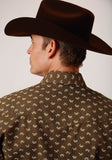 MENS BROWN AND CREAM LEAF PRINT LONG SLEEVE SNAP WESTERN SHIRT