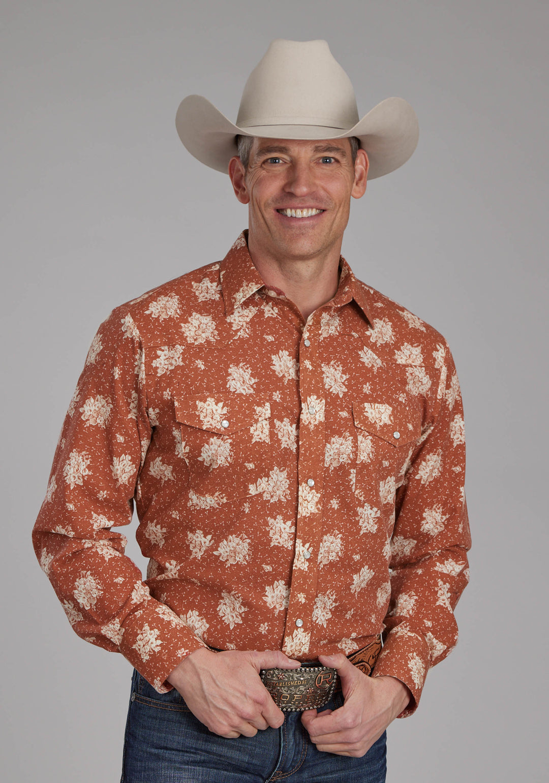 MENS ORANGE AND CREAM FLORAL LONG SLEEVE SNAP WESTERN SHIRT