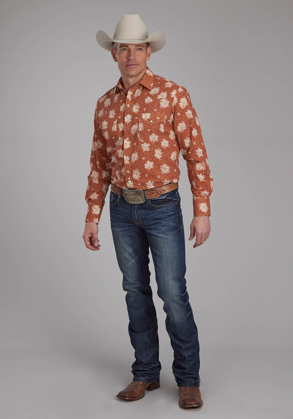 MENS ORANGE AND CREAM FLORAL LONG SLEEVE SNAP WESTERN SHIRT