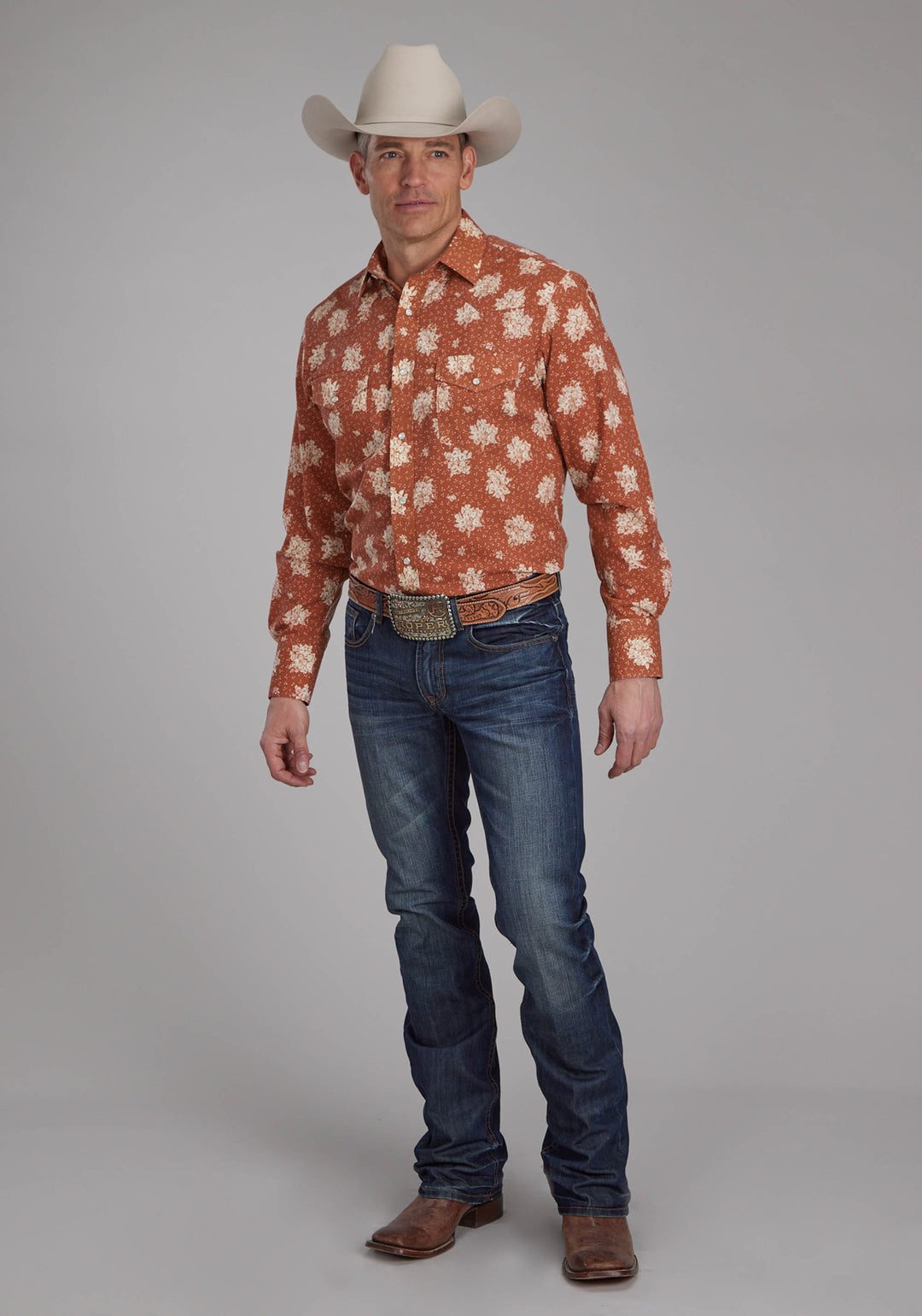 MENS ORANGE AND CREAM FLORAL LONG SLEEVE SNAP WESTERN SHIRT