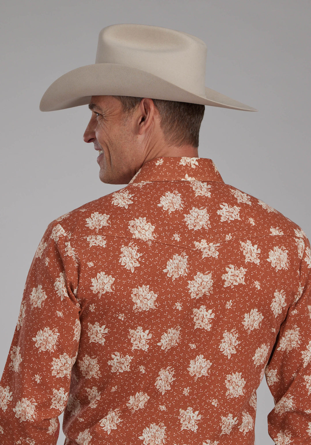 MENS ORANGE AND CREAM FLORAL LONG SLEEVE SNAP WESTERN SHIRT