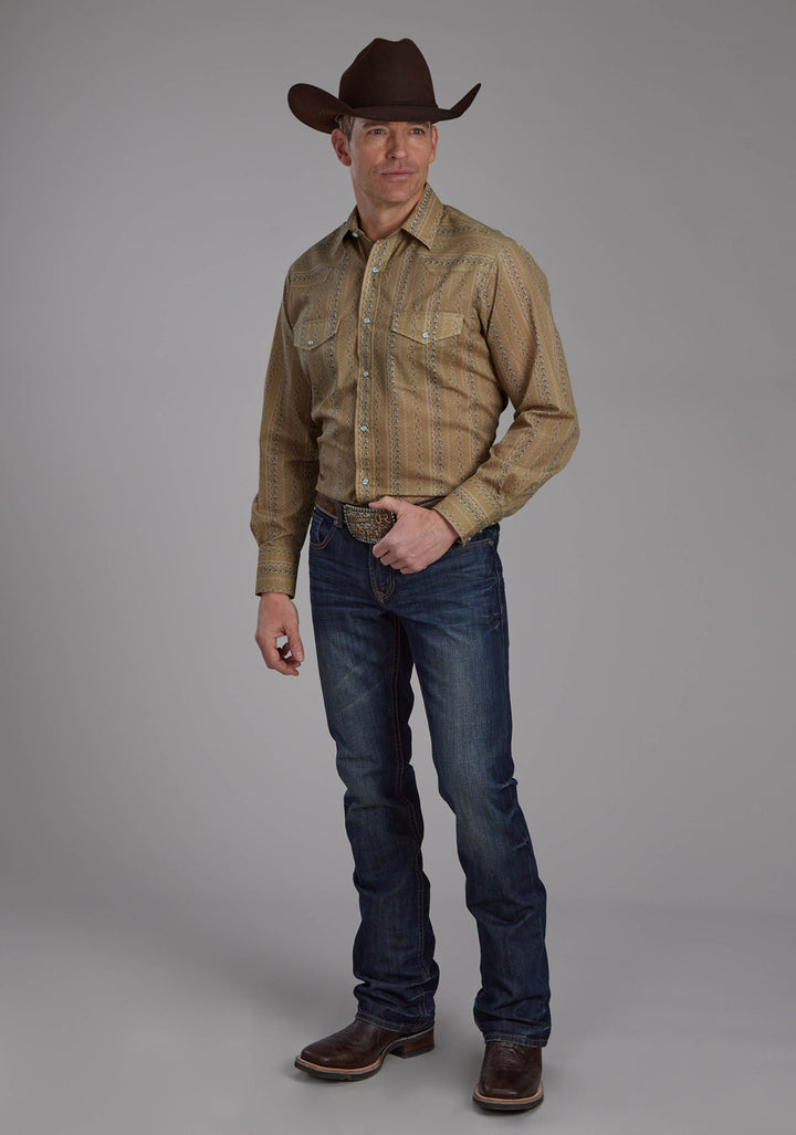 MENS TAN AND NAVY WALLPAPER LONG SLEEVE SNAP WESTERN SHIRT