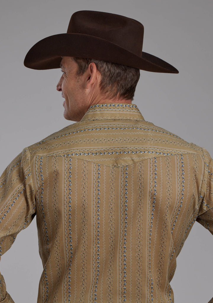 MENS TAN AND NAVY WALLPAPER LONG SLEEVE SNAP WESTERN SHIRT