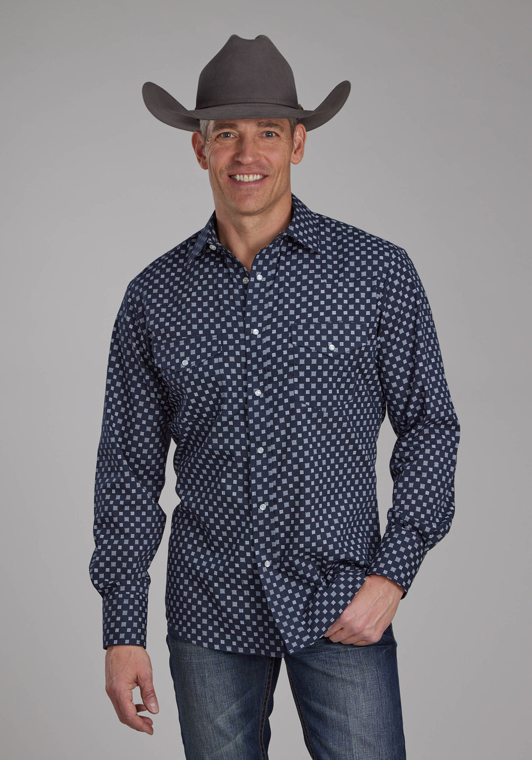 MENS NAVY AND WHITE SQUARES LONG SLEEVE SNAP WESTERN SHIRT