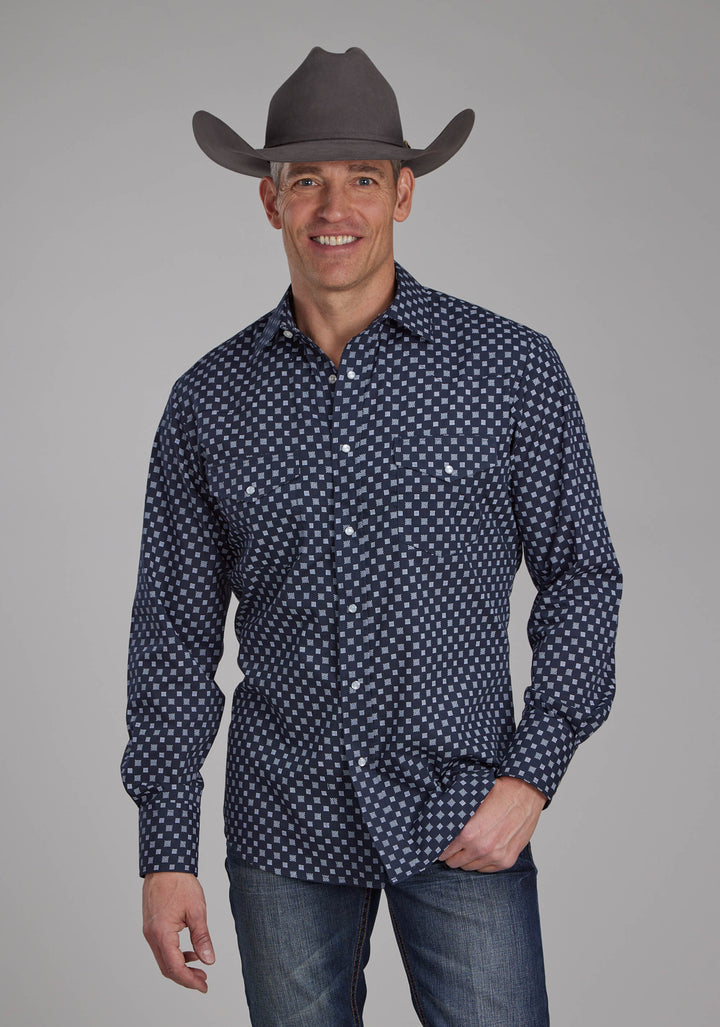 MENS NAVY AND WHITE SQUARES LONG SLEEVE SNAP WESTERN SHIRT
