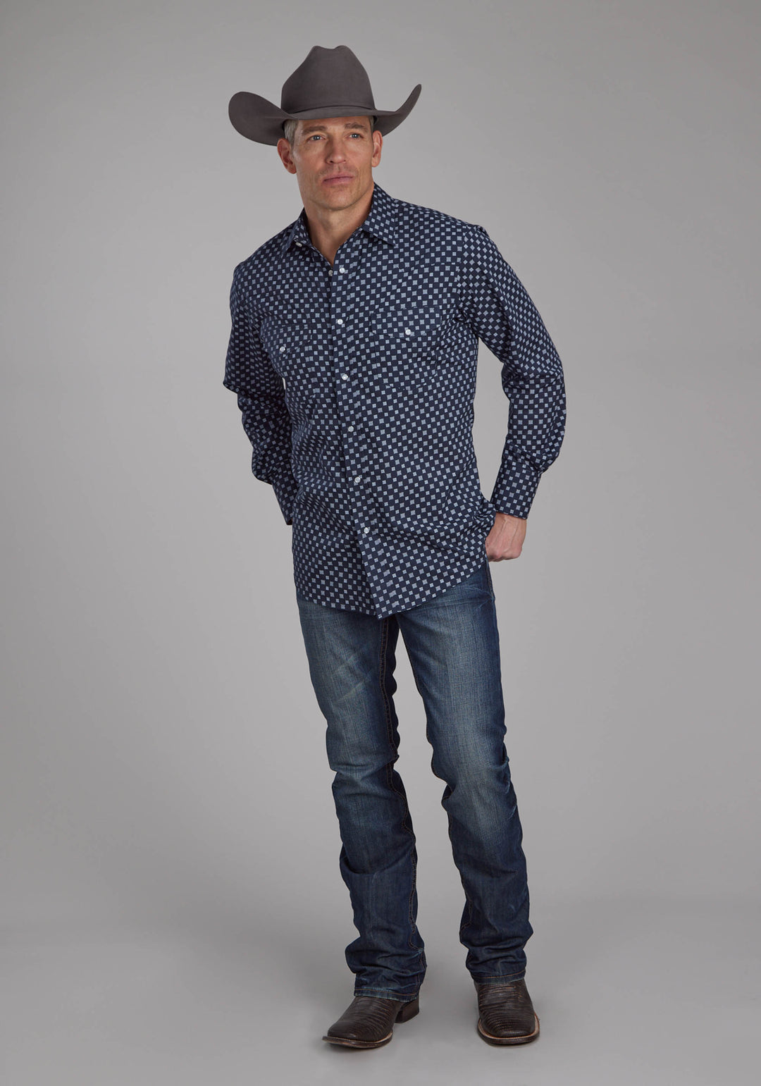 MENS NAVY AND WHITE SQUARES LONG SLEEVE SNAP WESTERN SHIRT